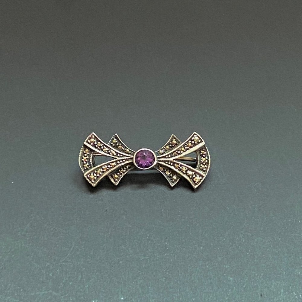 Amethyst and Marcasite Sterling Silver Bowtie Brooch 1-1/4"